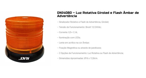 GIROLED SINALIZADOR FLASH ROTATIVO DE ADVERTÊNCIA COR: ÂMBAR MARCA DNI - CÓD: 4080 - Image 3