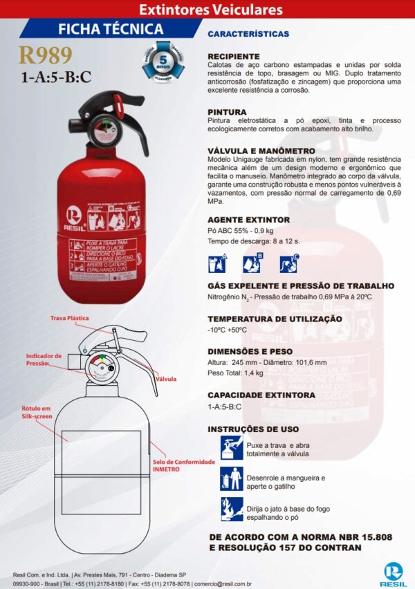 EXTINTOR DE INCÊNDIO PÓ ABC 1 KG RESIL R989 GORDINHO – CÓD: 1300.98900 - Image 2