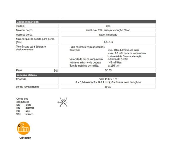 CABO P/ SENSOR ÓPTICO IFM C/ CONECTOR RETO FÊMEA 5 POLOS M12 - CÓDS IFM: EVC544 / EVC.544 - Image 6